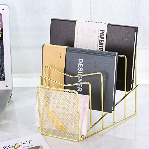 Incline File Sorter, Wire Magazine Holder Rack for Mails, Folders and Books, Desk Paper Storage Organizer for Home and Office, 5 Sections, Gold