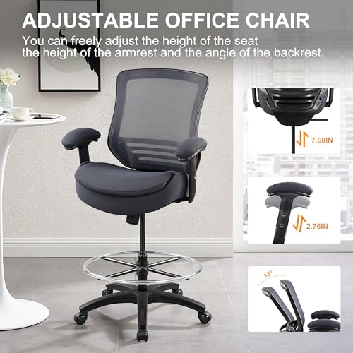400lbs Office Drafting Chair Wide Dual Seat Cushion Height Adjustable Armrest for High Standing Desk with Lumbar Support and Enlarged Adjustable Footrest (Black Frame Gray Fabric) - color: Black Frame Gray Fabric