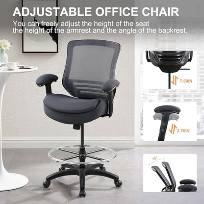 400lbs Office Drafting Chair Wide Dual Seat Cushion Height Adjustable Armrest for High Standing Desk with Lumbar Support and Enlarged Adjustable Footrest (Black Frame Gray Fabric) - color: Black Frame Gray Fabric
