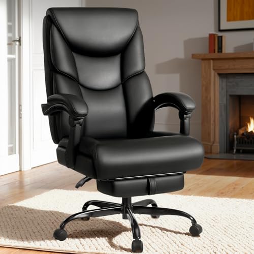 WAILOR 400lbs Office Chair with Foot Rest, Reclining Big and Tall Office Chair with Lumbar Support Spring Cushion, High Back PU Leather Computer Chair,Comfy Desk Chair for Home Office - color: Black