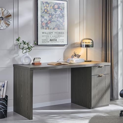 JXQTLINGMU 60" Modern Executive Desk with Storage, Wood Home Office Desk with Drawer & Cabinet, Fluted Computer Writing Desk for Study, Living Room, Bedroom, Grayish Green