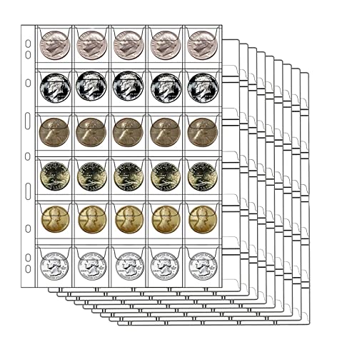 AITIME 30-Pocket Coin Sleeves, 10 Sheets Coin Pockets Pages for Binder - color: 10 Sheets-30 Pocket
