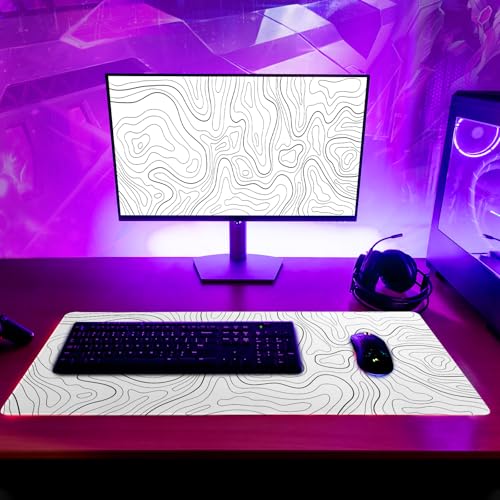 Topographic Contour White Gaming Mouse Pad XL Geographic Map Lines Extended Big Large Desk Mat Non-Slip Rubber Base Stitched Edge Long Keyboard Mousepad for PC Computer Laptop,31.5x11.8 Inch - color: White Topographic Contour
