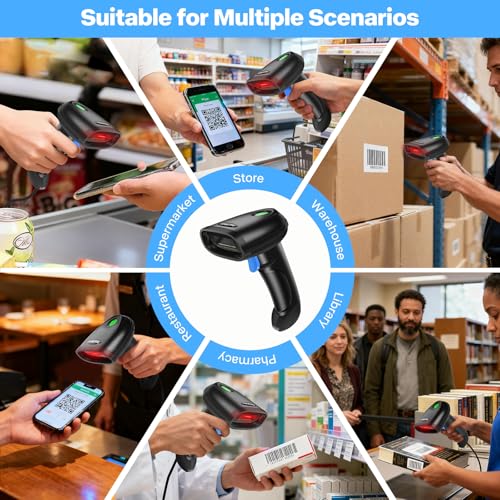 Bluetooth 1D 2D Barcode Scanner, 3-in-1 Bluetooth & 2.4G Wireless & USB QR Barcode Reader, PDF417 Data Matrix Handheld Bar Code Scanner Work with Windows, Android, iOS