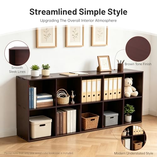 10 Cube Storage Organizer - Pine Wood Bookshelf - Cube Shelf - Vertical or Horizontal Bookcase - Open Book Shelf - Easy Assembly for Bedroom, Living Room, Office - Brown - size: 10 Cube