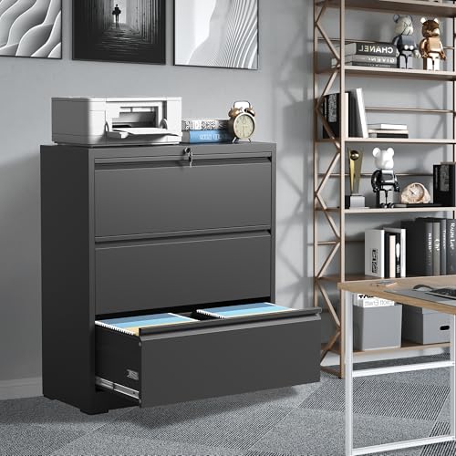 3 Drawer File Cabinet with Lock, Metal Lateral Filing Cabinets - color: Black, size: 3 Drawer_ 35"W