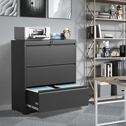 3 Drawer File Cabinet with Lock, Metal Lateral Filing Cabinets - color: Black, size: 3 Drawer_ 35"W