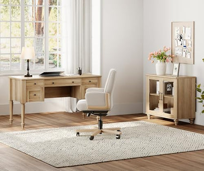 WAMPAT Home Office Furniture Set, 56'' Executive Desk with Charging Station, Farmhouse Cabinet with Glass Doors, Wood Computer Desk with File Cabinet, Open Shelf, Oak - color: Oak