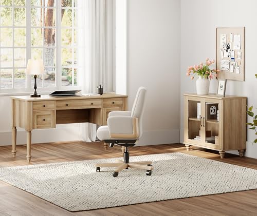 WAMPAT Home Office Furniture Set, 56'' Executive Desk with Charging Station, Farmhouse Cabinet with Glass Doors, Wood Computer Desk with File Cabinet, Open Shelf, Oak - color: Oak