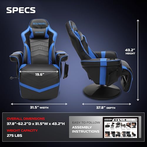 Respawn 900 Gaming Recliner Chair with Footrest, Cup Holder and Swivel | Ergonomic gaming recliner with footrest, cup holder, lumbar support, 135° recline & 360° swivel for console gaming - color: Blue