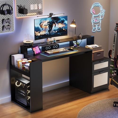 Farmhouse Computer Desk with Drawers and Power Outlets, 60” Home Office Desk with Adjustable File Drawer, Cat Scratching Pad, Printer Stand, Shelves & Monitor Riser, Black