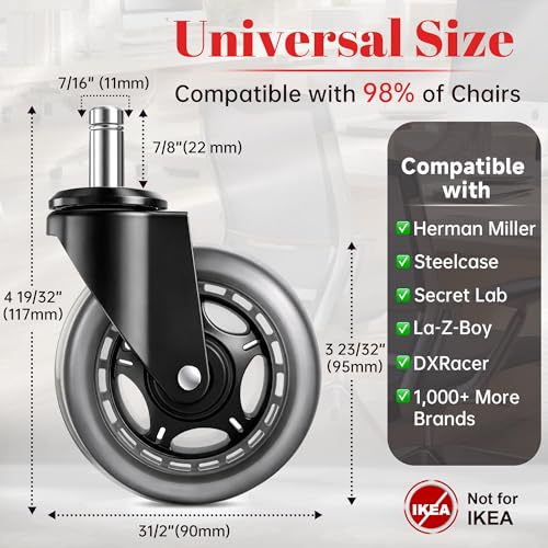 Office Chair Wheels Replacement, 5PC- Universal Fit 3 Inch Casters for Office computer Chairs, Safe for All Floors, Desk wheels for office chair, Smooth & Quiet Glide, Scratch-Resistant, Quick Install