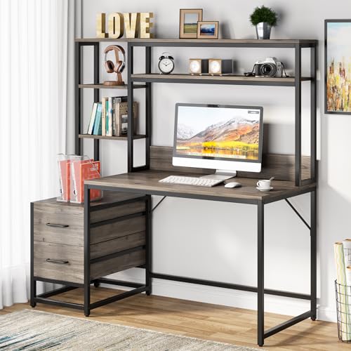 Tribesigns 55 Inch Computer Desk with 2 Drawers and Storage Shelves, Rustic Office Desk with Hutch, Study Writing Gaming Table Laptop Workstation for Home Office (Grey) - color: Grey