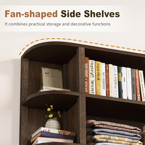 TVU 5-Tier Wood Book Shelf, 47" Wide Large Bookshelf and Bookcase, 62" Tall Bookshelf with Curved Side Shelves, Freestanding Wood Display Book Shelves for Living Room, Home Office, Walnut