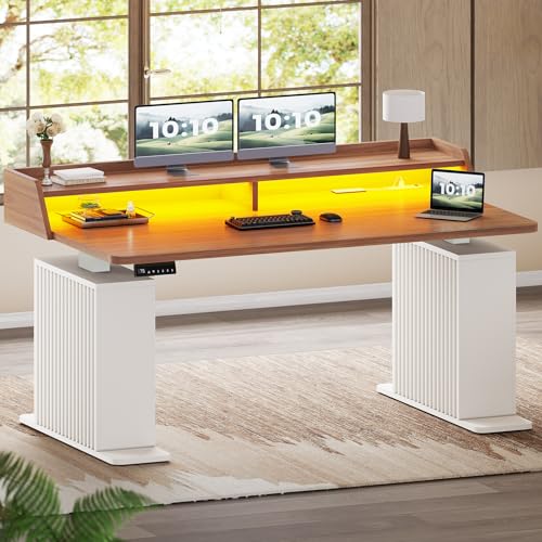 SEDETA Standing Desk with Storage, 55" Fluted Stand Up Desk with Power Outlets & LED Lights, Height Adjustable Table with Monitor Shelf for Home Office, Gaming, Brown + White - color: Brown + White