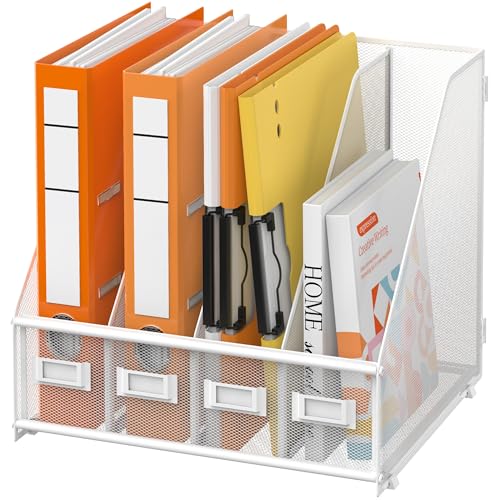 DALTACK 4-Slot Magazine File Holder, Metal Binder Holder, White | Iron Mesh Construction, Labeled Sections for Easy Sorting, Anti-Slip Feet, Binder and Folder Storage for Office, Classroom - color: White, size: 4Rack