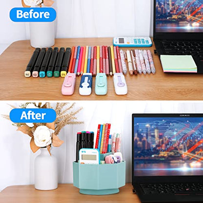 LETURE Desk Organizer, 360-Degree Rotating Pen Pencil Holder, 5 Compartments Desktop Stationary Organizer, Home Office Art Supply Storage Box Caddy (BLUE)