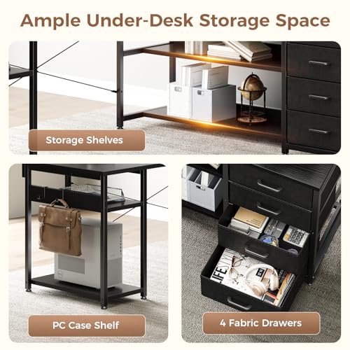 AODK 69" L Shaped Computer Desk with 4 Drawers, LED Lights, Black - color: Black, size: 69 inches