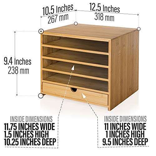 Prosumer's Choice Bamboo Four Cubby Paper Letter Tray Organizer with Single Pull-Out Drawer for Home and Office | Desktop Organizer with Drawer - Natural Bamboo Color