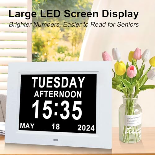 TMC Dementia Clocks for Seniors，8 in Senior Clocks，Medicine Reminders with Alarms，Digital Clock for Bedroom, Entryway, Living Room, Study with SD Card Slot (Black) - color: 8010-8 Languages-white