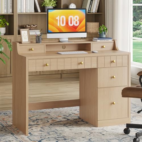 Office Desk with Drawers, 47" Wide Small Desk with File Drawer, Study Table Wood Writing Desk with Long Monitor Stand for Bedroom,Home Office