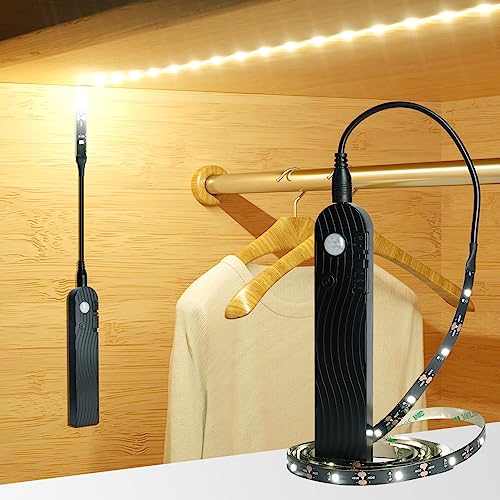 Sensky Motion Activeted LED Strip Lights Rechargeable Motion Sensor LED Strip Dimmable Cabinet Strip Lighting for Wardrobe, Gun Safe, Cabinet, Pantry, Closet (2M Black, Warm White) - color: 3000K Warm White, size: 2m Black Sensor