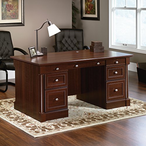 Sauder Palladia Office Desk with Drawers, Executive Desk with File Cabinet Storage, Cable Management, Keyboard Tray, in Select Cherry Finish - color: Select Cherry