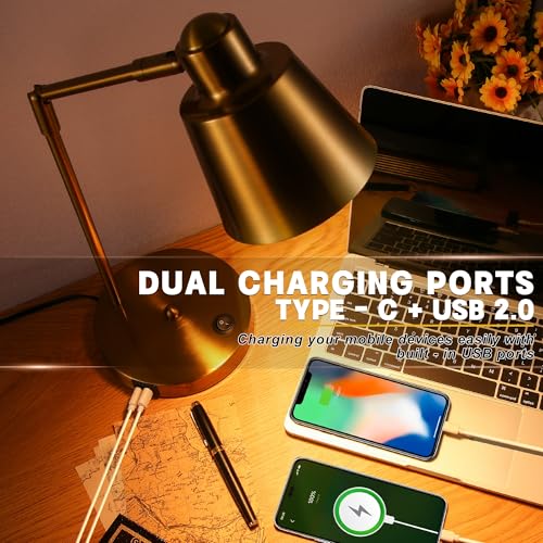 Anxingtools LED Desk Lamp with Dual USB Charging Ports, 100% Metal, 270° Swivel Arms, Soft White Light (3000K), Bedside Reading Lamp, Home Office Lamp(Golden) - color: Golden