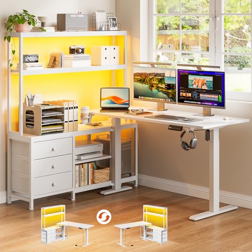 REAHOME 65Inch White L Shaped Standing Desk with Drawers and Hutch | Charging Station, RGB LED lights, Reversible Desk, File Drawer& Storage Cabinet for home office, Dual Motor Sit Stand Frame - color: White