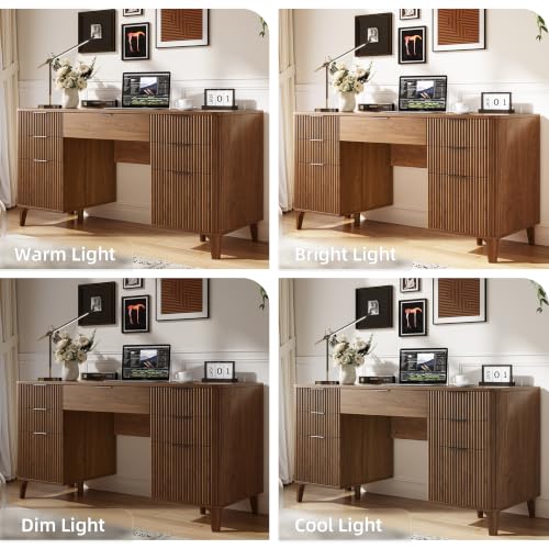 55.1" Fluted Executive Desk with Drawers, Wood Computer Desk with Storage Cabinet, Home Office Desk with Charging Station, Farmhouse Desk with File Cabinet for Office Home (Walnut) - color: Walnut With 4 Legs