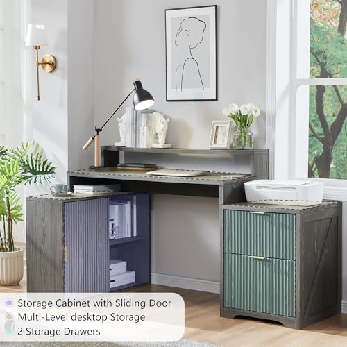 67"Modern Desk with Cabinet & 2 Drawers, Fluted Office Desk Built‑in Outlet - color: Grayish Green, size: 33"D x 67"W x 35.5"H