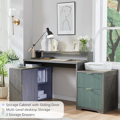 67"Modern Desk with Cabinet & 2 Drawers, Fluted Office Desk Built‑in Outlet - color: Grayish Green, size: 33"D x 67"W x 35.5"H