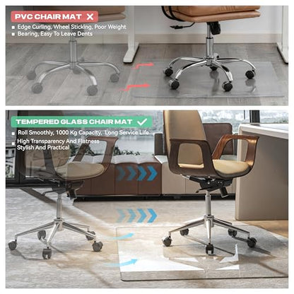 Tempered Glass Chair Mat, 55" x 48" Heavy Duty Chair Mat Round Corner with Polished Edge, Clear Office Chair Mat for Office Home Hard Floor Carpeted, Transparent, Glides Smoothly, Easy Clean - size: 55" x 48"