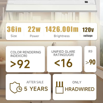 Hardwired Under Cabinet Lighting, 36in 22W LED Light for Kitchen/Closet, 1426lm, CRI>92, R9>90, Dimmable, 5 Color Temperature, 2700K-5000K(Warm White, Cool White, Daylight) - size: 36 inch