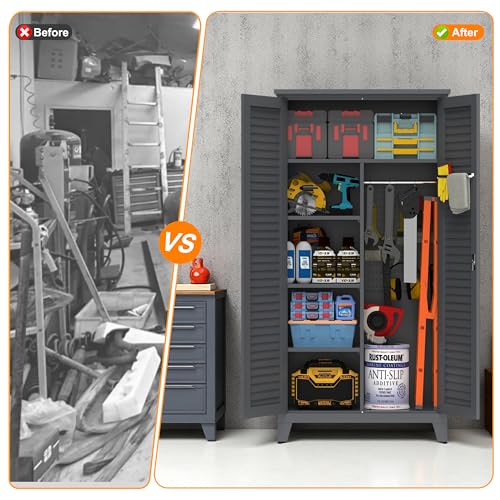 KEIKI 73'' H Metal Tool Storage Cabinet, Garage Storage Cabinet with Doors & Adjustable Shelves & Ample Storage Space for Garage, Home, Office, Utility Room