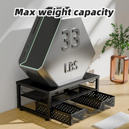 Simple Trending 2-Tier Monitor Stand Riser, Laptop & Printer Stand, Black | Metal Desk Organizer with Drawer, Desktop Organizer, Sturdy Material, for Home Office, 16.34"W x 10.35"D x 3.5"H - size: 16.34"W x 10.35"D x 3.5"H