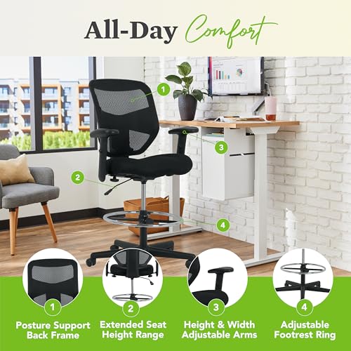 HON Prominent Ergonomic Stool, Footring, Office Desk Chair, Black | Ergonomic standing desk chair with footring, seat slider, adjustable arms, dynamic workstation seating for active work - color: Mesh Back - Stool