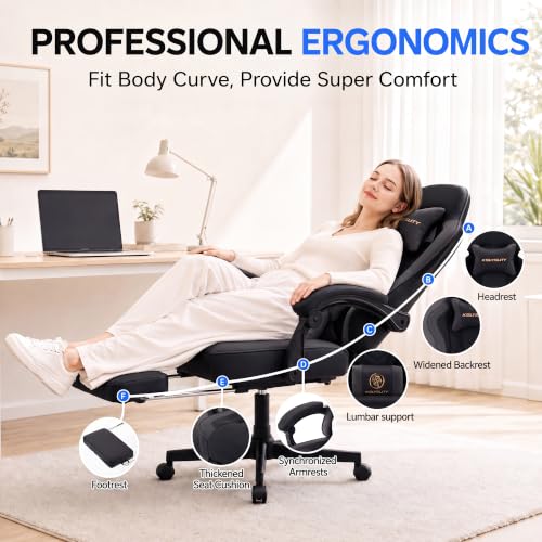 Desk Computer Gaming Chair - High Back Ergonomic Office Chair with Footrest and Lumbar Support, Swivel Comfy Home Gamer Video Game Chairs with Pocket Spring Cushion for Adults (Black Leather) - color: Classic Black Leather
