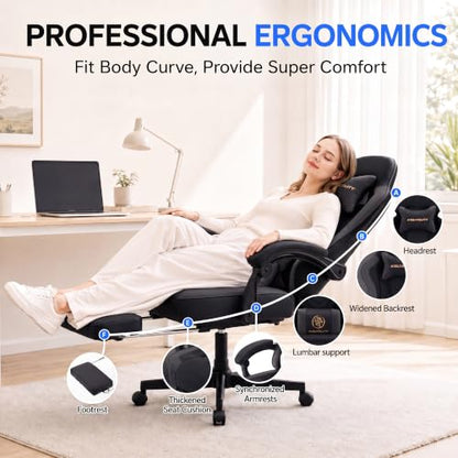 Desk Computer Gaming Chair - High Back Ergonomic Office Chair with Footrest and Lumbar Support, Swivel Comfy Home Gamer Video Game Chairs with Pocket Spring Cushion for Adults (Black Leather) - color: Classic Black Leather