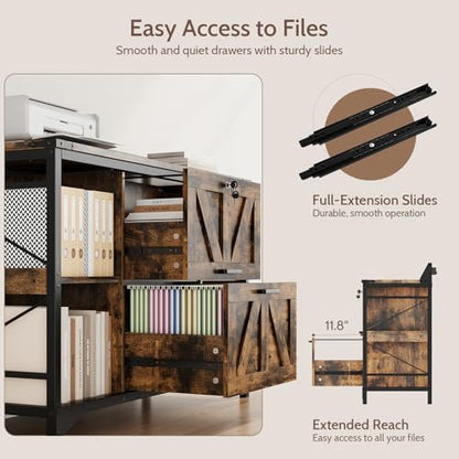 44" File Cabinet, Lateral Filing Cabinet for Home Office with 2 Drawers, Office Storage Cabinet with Lock and Key, Wooden Printer Stand with 4 Storage Shelves, Power Outlets, Bookshelf, Rustic Brown - color: Rustic Brown
