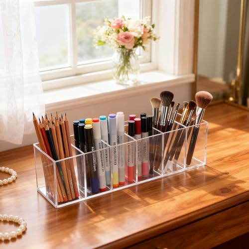 5 Pcs Clear Pencil Holder 6 Compartments Acrylic Cosmetic Brush Storage Box Pencil Cup Stationery Holder Makeup Brush Organizer for Bathroom Kitchen Dorm Office Desk Accessories