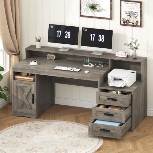 65" Farmhouse Computer Desk with Drawers and Printer Stand for Home Office - color: Grey