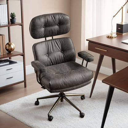 HOOOWOOO Ergonomic Mid Century Modern Office Chair, Comfy Executive Chair with Extra Wide Tufted Cloudy Seat, Lumbar Support, High Reclining Back, Suede Leather Grey - color: Charcoal Gray-cloudy Seat, size: High Back