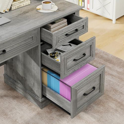 Vabches Farmhouse 47" Executive Desk with Charging Station, Grey | Computer Desk with Drawers, Workstation Computer Desk with File Drawer for Home Office,Study. - color: Grey