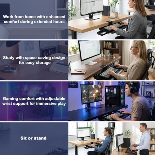 Adjustable Under Desk Keyboard Tray, 25"×10.6"360° Rotating Ergonomic Tray | Clamp On Keyboard and Mouse Tray with Drawer, Desk Mount Tray for Office Gaming Studying