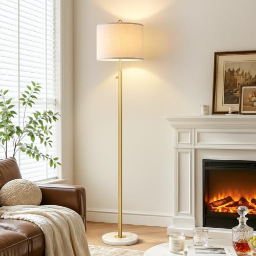 Nintiue Dimmable Gold Floor Lamp, Turkish Marble Base, White Linen Shade | Turkish marble base, 0-100% stepless dimming, 11W 2700K bulb, white linen shade, Non-Slip Base, 64.6 in tall, save space - color: Gold-Marble-Line Shade