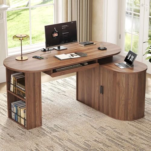HSH L Shaped Office Corner Desk with Storage Cabinet Walnut 60 Inch - color: Walnut