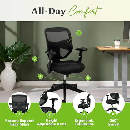 HON Prominent Ergonomic Office Chair, Adjustable Arms, Desk Chair, Black - color: Mesh Back - Standard Tilt