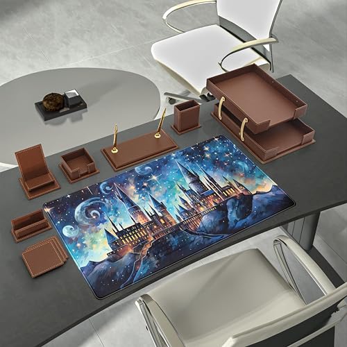Blue Castle Desk Mat Aesthetic Cute Desk Pad, Extended Large Mouse Pad XXL Gaming Keyboard Pad, Computer Desktop Mouse Mat Full Desk Laptop Mat, Fantasy Art Office Desk Accessories 31.5" x 15.7" - color: Painted Castle