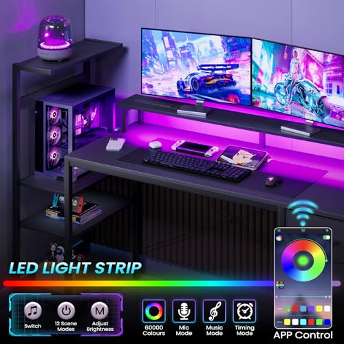 51in Gaming Computer Desk with Drawers & Power Outlet & LED Lights, Black - color: Black, size: 51''